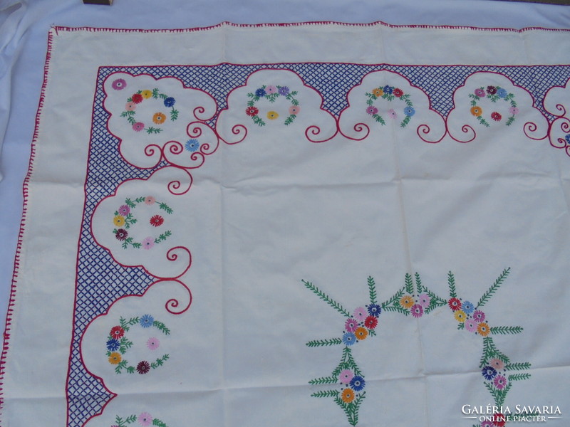 Old, hand-embroidered tablecloth set - one tablecloth and four napkins - exquisite handwork, beautiful condition