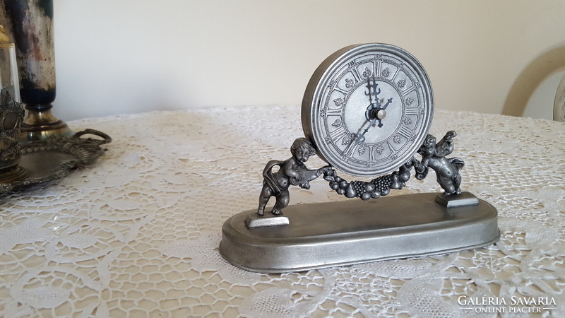 Beautiful, old, angelic, putty pewter table clock