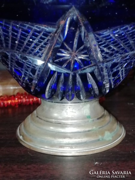 Antik ezüst talpas kristály kínáló kobald kék