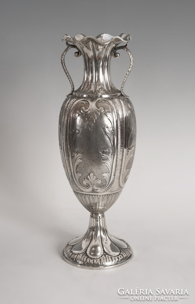 Silver amphora-shaped vase - with leaf decoration