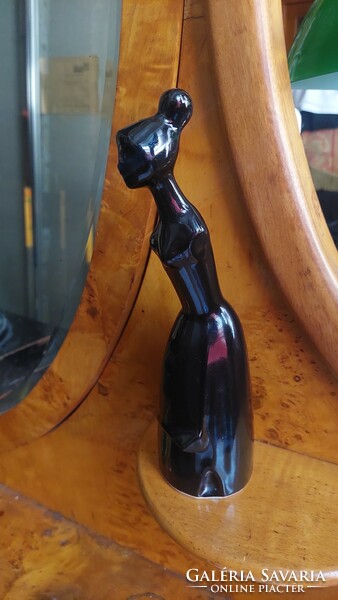 Fekete porcelán figura, női alak, 23,5 cm, retro