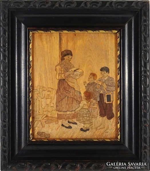 1O051 Antik négy alakos gyerekes intarziakép keretben 31 x 27 cm