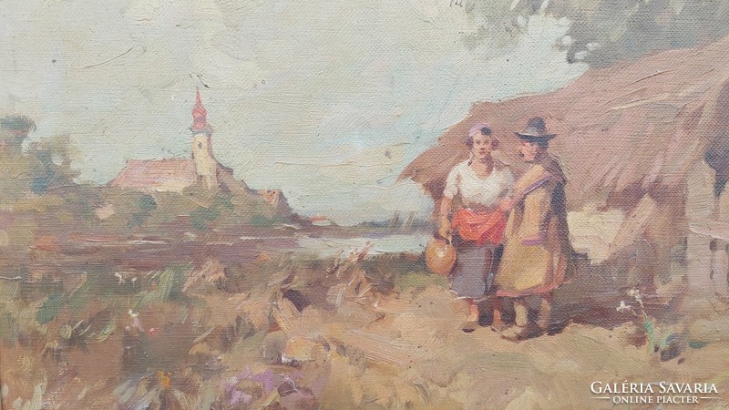 Cs. Lőrinc Farkas oil on canvas painting of village life