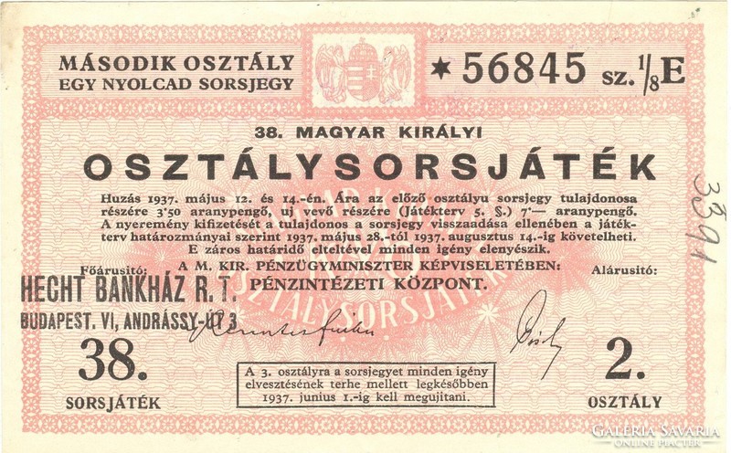 38. Magyar Királyi Osztálysorsjáték Második osztály sorsjegy 1937 hajtatlan