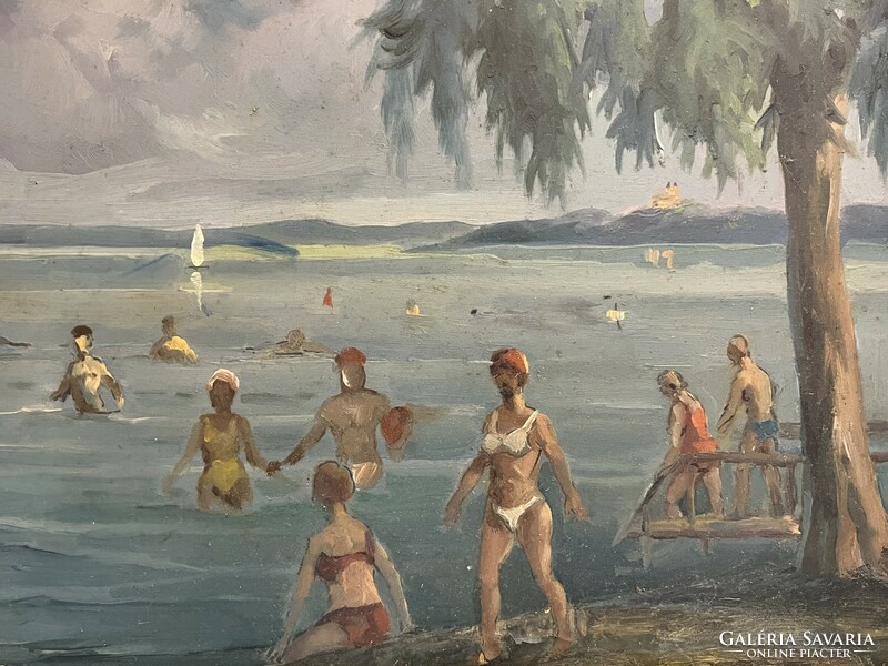 Unknown Hungarian painter: Balaton Bathers (oil on cardboard) /invoice provided/