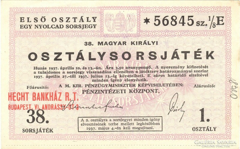 38. Magyar Királyi Osztálysorsjáték Első osztály sorsjegy 1937 hajtatlan