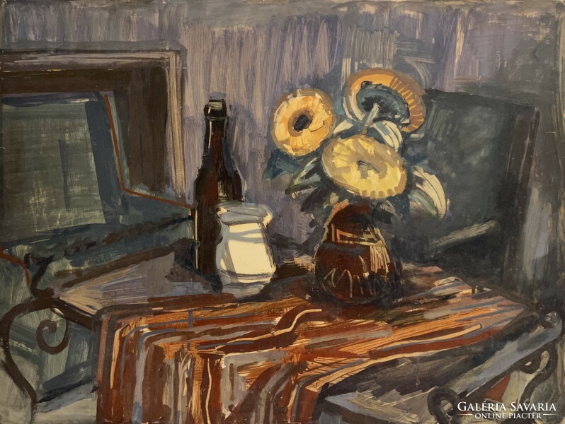 Zoltán Székács (1921-1982) still life with sunflowers and wine bottle, 1962 (artwork)