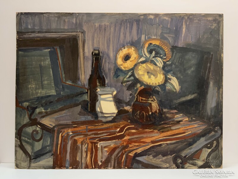 Zoltán Székács (1921-1982) still life with sunflowers and wine bottle, 1962 (artwork)