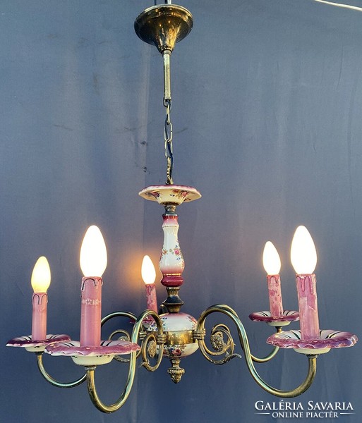 Red majolica painted chandelier, there are 2 pairs.