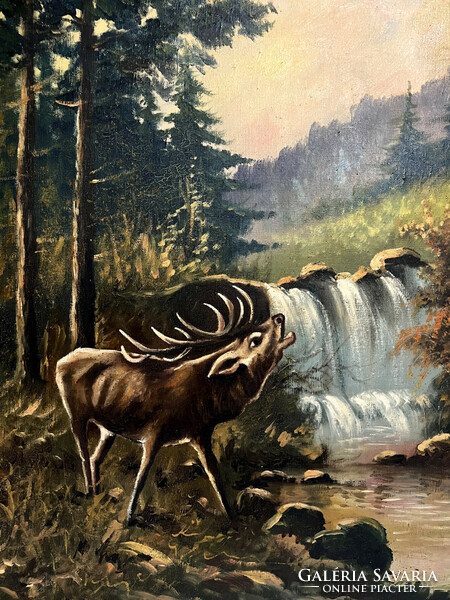 Sándor Hailinger (1921-1988) stag at the waterfall (oil on canvas) /invoice provided/