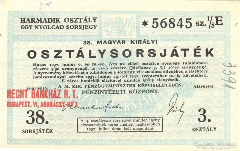 38. Magyar Királyi Osztálysorsjáték Harmadik osztály sorsjegy 1937 hajtatlan