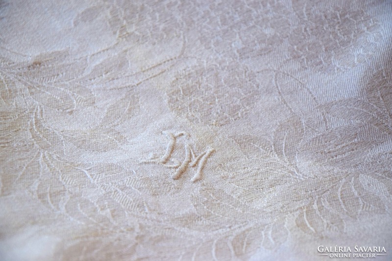 Régi Antik RITKA len damaszt monogram asztalterítő terítő abrosz, + szalvéta hortenzia 140 x 131 cm