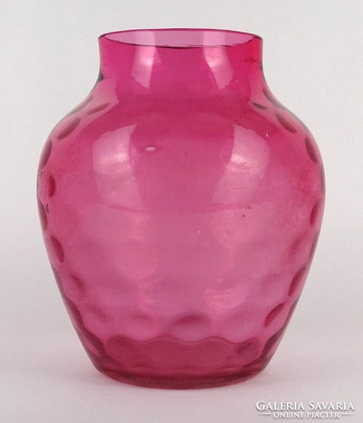 1O142 Antik rózsaszín lencsés fújt huta üveg váza 17 cm