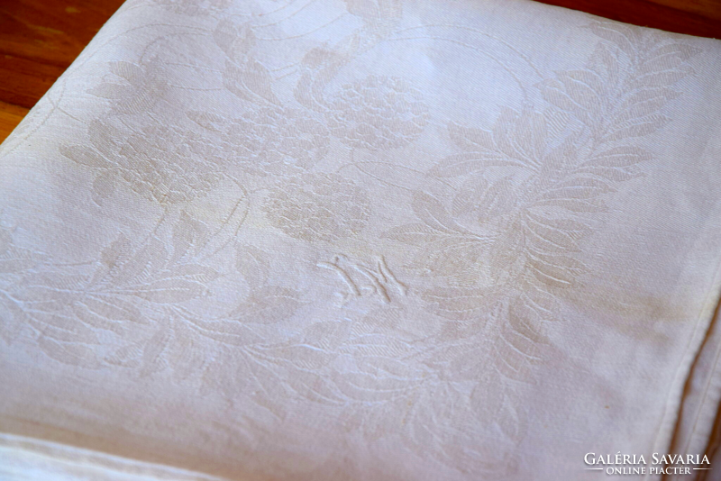 Old antique rare linen damask monogram tablecloth tablecloth, + napkin hydrangea 140 x 131 cm