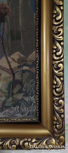 Old gold-wood glazed picture frame with tapestry, frame 60x90 cm