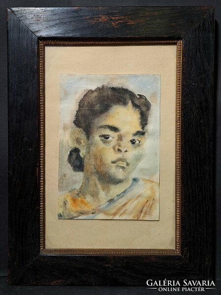 Girl portrait (with watercolor frame) South American, Mexican?