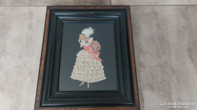 (K) rococo style antique textile collage picture with frame 39x47 cm
