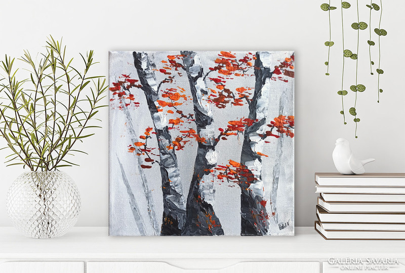 Red edit: birch trees abstract landscape n2106 20x20cm