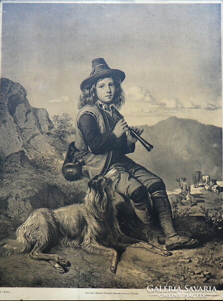 Shepherd boy, lithograph after a painting by Franz Lair (1812-1875).