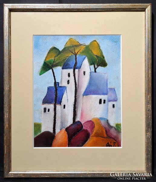 Fairytale town - colorful pastel in a frame, ács t. With signal