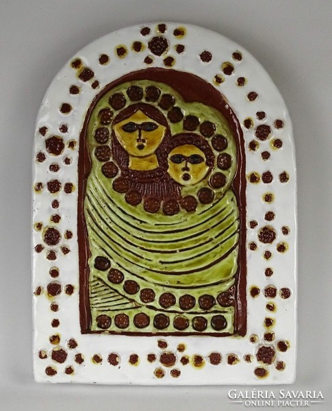 1O177 Boltíves Anya gyermekével iparművészeti mázas samott falidísz kerámia falikép 39 x 28 cm