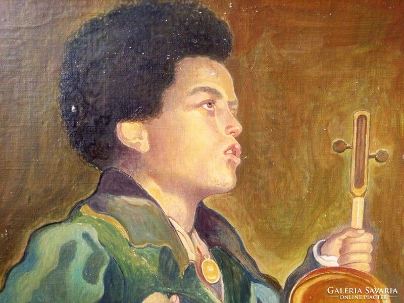 Wandering musician. Old oil on canvas painting from the beginning of the last century. Without frame