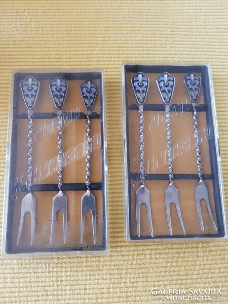 6 old Russian fire enamel handles, meat fork, meat fork, small fork