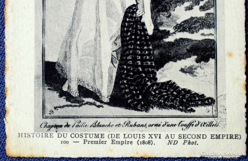After an antique fashion historical French postcard engraving of a Parisian lady wearing 1808
