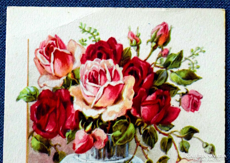 Régi grafikus üdvözlő képeslap  rózsa