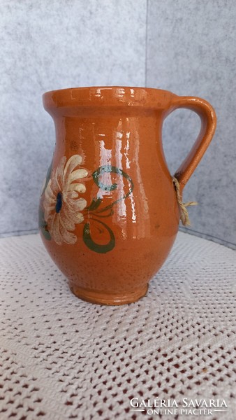 Hand-painted folk, glazed earthenware silke pot, height: 14 cm, opening 9 cm.