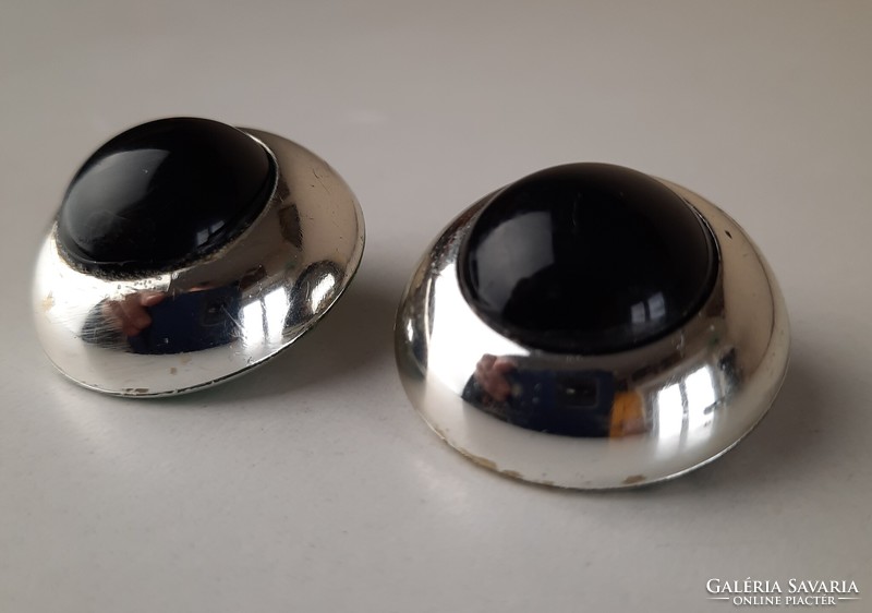 Art deco vinyl ear clip, pair of earrings, silver-black jewelry