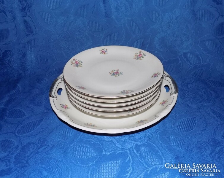 Jelzett apró virág mintás porcelán tányér készlet kínáló 5 db kistányér (2p)