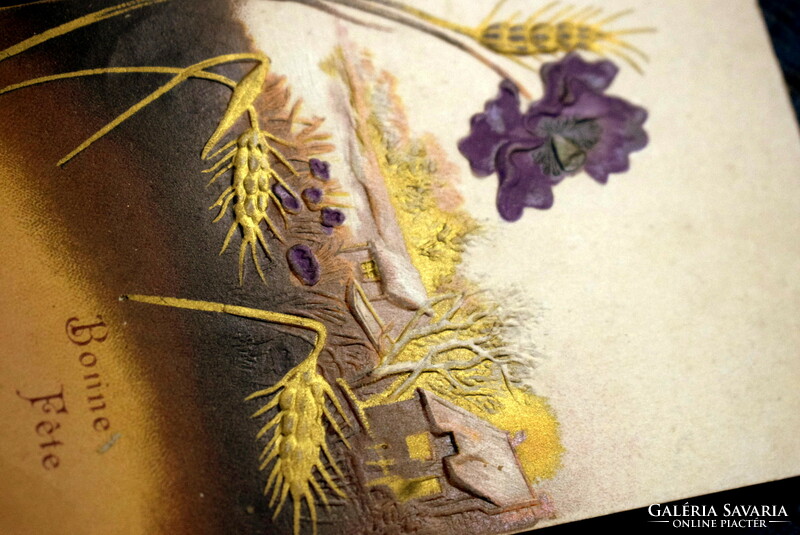 Antik szecessziós dombornyomott  litho üdvözlő  stilizált virággal arany kalász tájkép