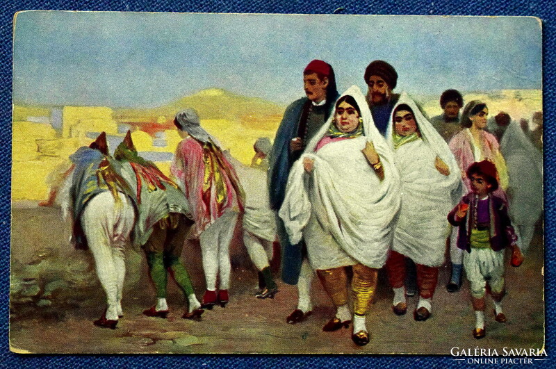 Antik humoros arab hölgyeket urakat ábrázoló festménylap
