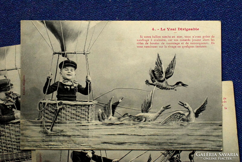 5 darab antik Bergeret humoros fotó képeslap sorozatból  kisfiú léghajón vadlibákkal