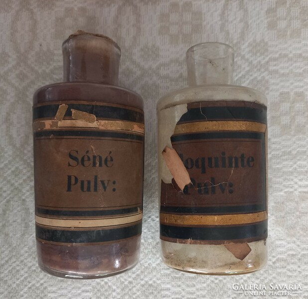 Antik francia patika üveg párban,  két palack gyógyszer tárolásához szakított üveg