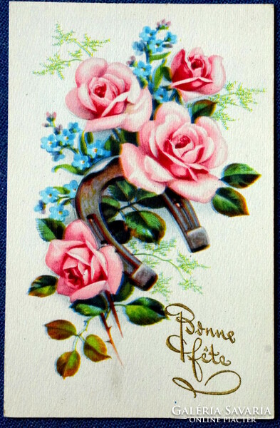 Régi grafikus üdvözlő képeslap rózsa szerencsepatkó