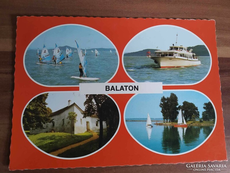 Régi képeslap, Balaton, mozaik képeslap, vitorlások, hajó, 1980-as évek körüli