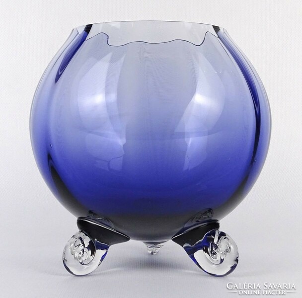1O198 Antik színezett kék Moser üveg asztalközép kínáló gömb alakú tál cukros tál
