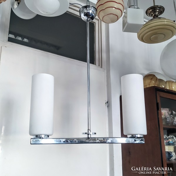 Bauhaus - art deco - streamline 2-burner, chromed chandelier renovated - frosted milk glass tube shade