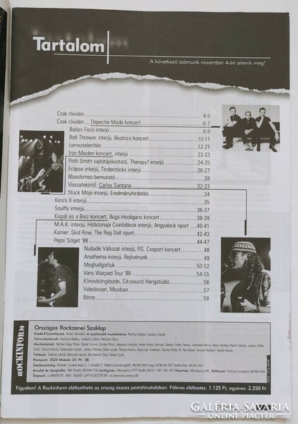 Rockinform magazin 98/10 Balázs Fecó Iron Maiden Depeche Mode Patti Smith Soulfly Kispál Skid Row Sa