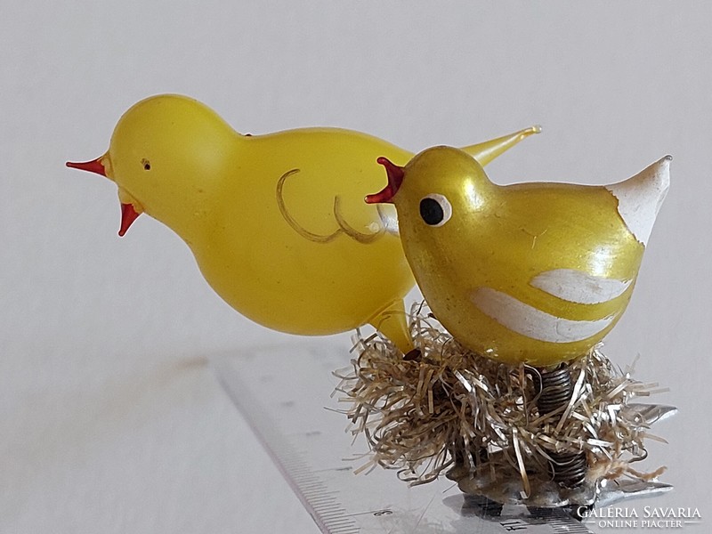 Old glass Christmas tree decoration with tweezers chick glass decoration yellow little birds