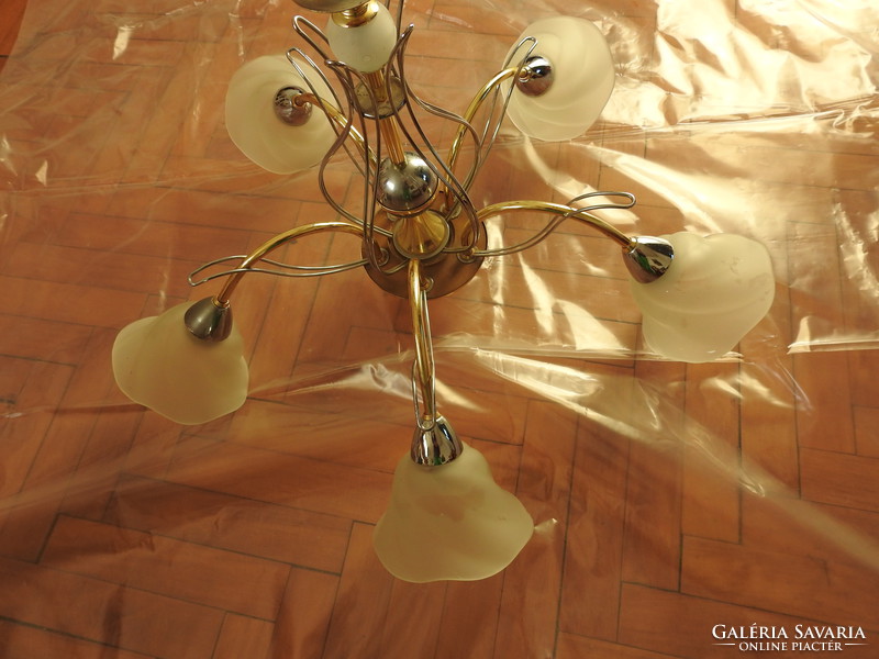 Eglo - elegant gold - silver five-pronged chandelier lamp with milk glass flowerpot with shades