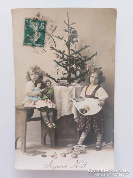 Old Christmas card 1911 photo postcard little girls toys