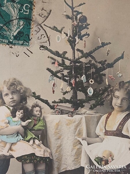 Old Christmas card 1911 photo postcard little girls toys