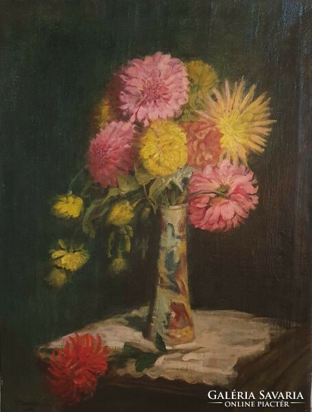 Mányai József (1875 - 1952) : Virágcsendélet - Őszirózsák vázában