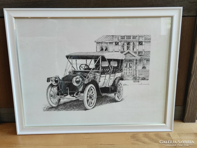 R. Allen retro ink drawing oldtimer automobile portrait in a sophisticated frame