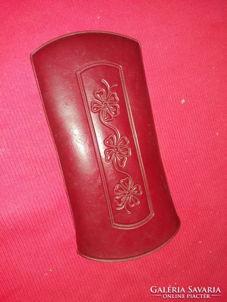 Antique burgundy soft faux leather glasses case with folk motif pattern as shown in the pictures