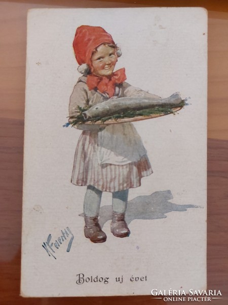 Régi újévi képeslap levelezőlap kislány hal
