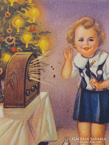 Old Christmas card 1940 postcard radio toys children